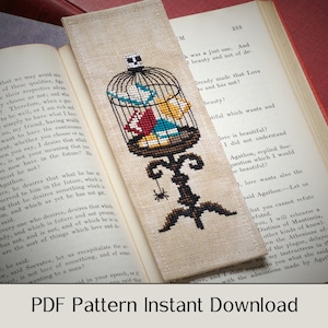 Bladwijzer voor kruissteekpatroon - boeken in een vogelkooi - pdf direct downloaden