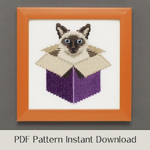 Cat Cross Stitch Pattern - Siamese Cat in a Box - PDF Instant Download