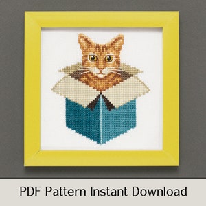 Cat Cross Stitch Pattern - Orange Tabby Cat in a Box - PDF Instant Download