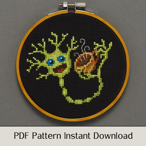 May include: A cross-stitch pattern of a green neuron holding a cup of coffee. The neuron has a smiling face with blue eyes. The pattern is in a wooden embroidery hoop.