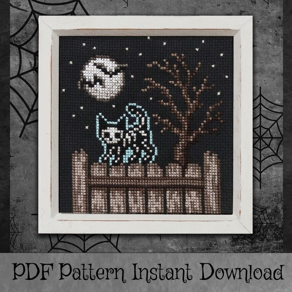 Cross Stitch Pattern - Skeleton Cat and Moon - PDF Instant Download