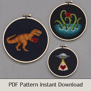 Tres patrones de punto de cruz de San Valentín - T Rex, Kraken, OVNI - Descarga instantánea en PDF