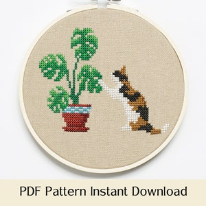 Cross Stitch Pattern - Cat and Monstera Plant - PDF Instant Download