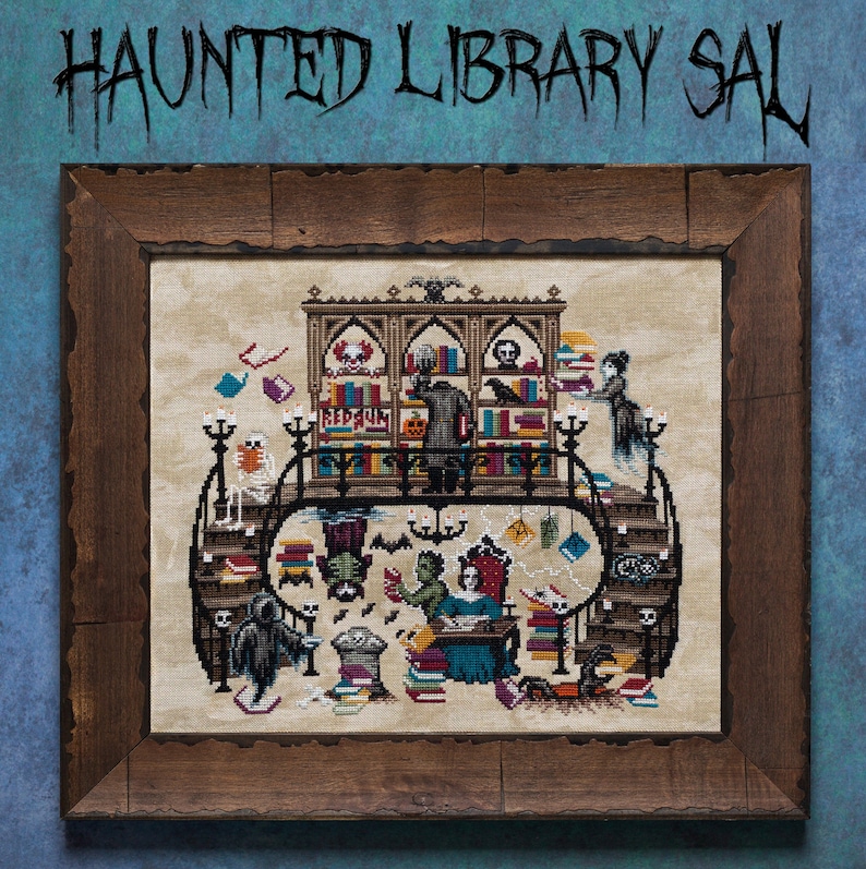 May include: Cross-stitch pattern of a haunted library with a spooky, whimsical scene. The library is filled with books, a skeleton, a ghost, and a witch. The text "Haunted Library Sal" is at the top of the image.