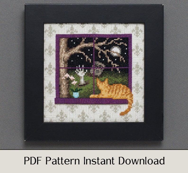May include: Cross stitch pattern featuring a window with a cat looking out at a night scene with a tree, moon, and stars. The pattern is framed in a black frame.