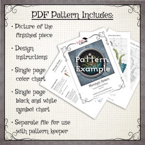 May include: A digital download for a cross stitch pattern of a kraken with the text "Moonlight Kraken Cross Stitch Pattern" and "LolaCrowCrossStitch.com". The pattern includes a picture of the finished piece, design instructions, a single page color chart, a single page black and white symbol chart, and a separate file for use with pattern keeper.