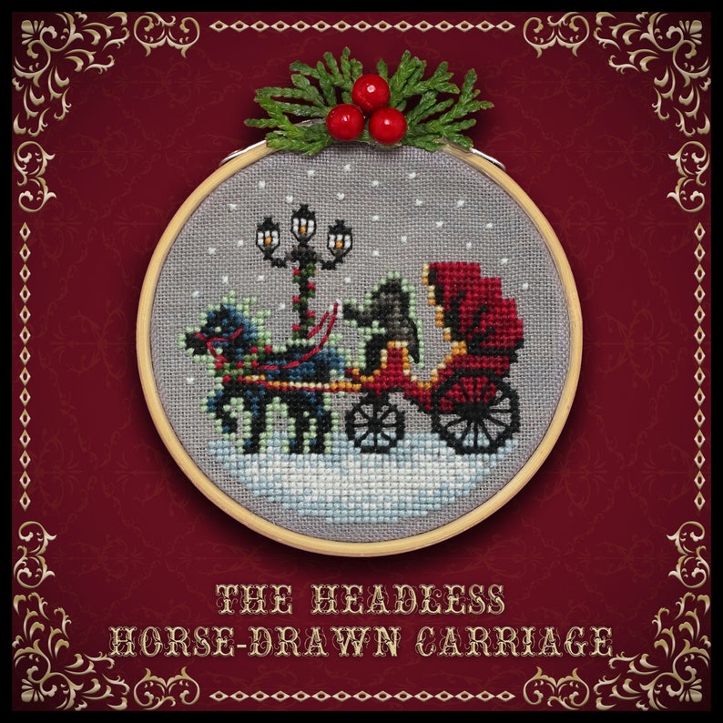 May include: A cross-stitch embroidery design of a horse-drawn carriage with a headless driver, set against a snowy background. The carriage is red, the horse is black, and the scene is framed by a wooden hoop.