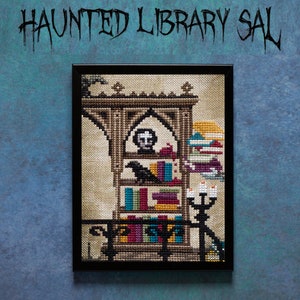 May include: A framed cross-stitch design depicting a haunted library with a bookshelf, a raven, and a ghostly figure. The bookshelf is filled with colorful books and the figure is looking out from behind the books. The design is framed in black and has a white background.