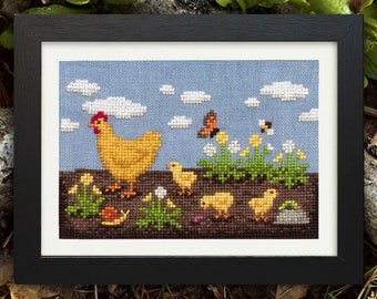 Chicken Cross Stitch Pattern - Hen and Chicks - PDF Instant Download