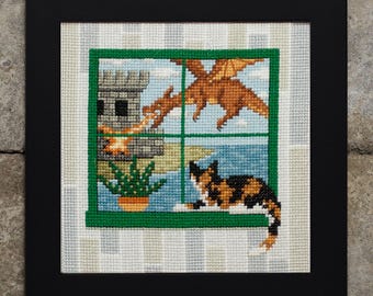 Cross Stitch Pattern - Cat and Dragon - PDF Instant Download