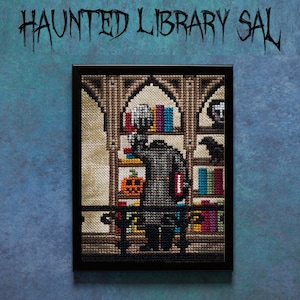 May include: A framed cross-stitch artwork depicting a spooky library scene with a figure in a gray coat standing in front of bookshelves. The shelves are filled with books and there is a pumpkin on the bottom shelf. The artwork is titled "Haunted Library Sale".