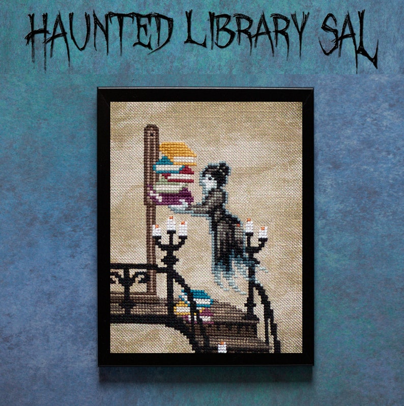 May include: A cross-stitch embroidery of a ghostly figure in a library setting. The figure is reaching for a stack of books on a shelf. The scene is framed in black and set against a blue background. The title "Haunted Library Sal" is written in a gothic font above the frame.