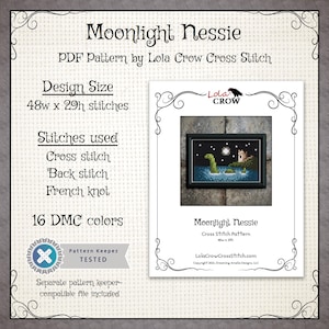 May include: A digital cross stitch pattern for a design called "Moonlight Nessie". The pattern features a green Nessie monster swimming in a blue lake with a castle in the background. The pattern is 48 stitches wide and 29 stitches high. The pattern is available as a PDF download and includes 16 DMC colours.