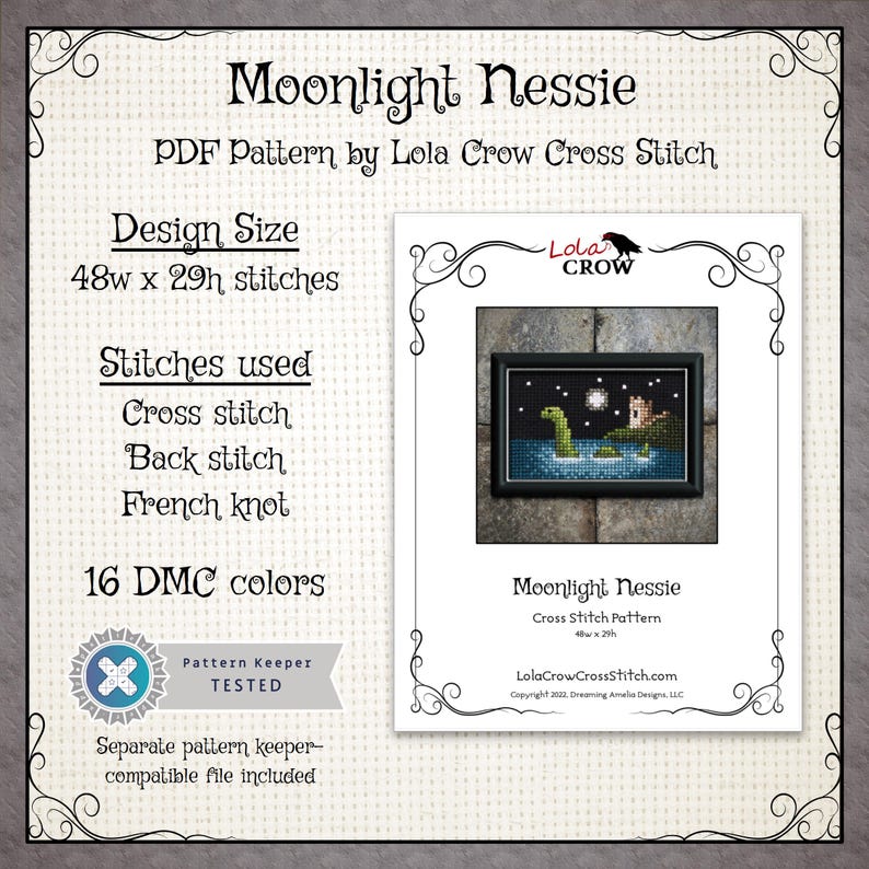 May include: A digital cross stitch pattern for a design called "Moonlight Nessie". The pattern features a green Nessie monster swimming in a blue lake with a castle in the background. The pattern is 48 stitches wide and 29 stitches high. The pattern is available as a PDF download and includes 16 DMC colours.