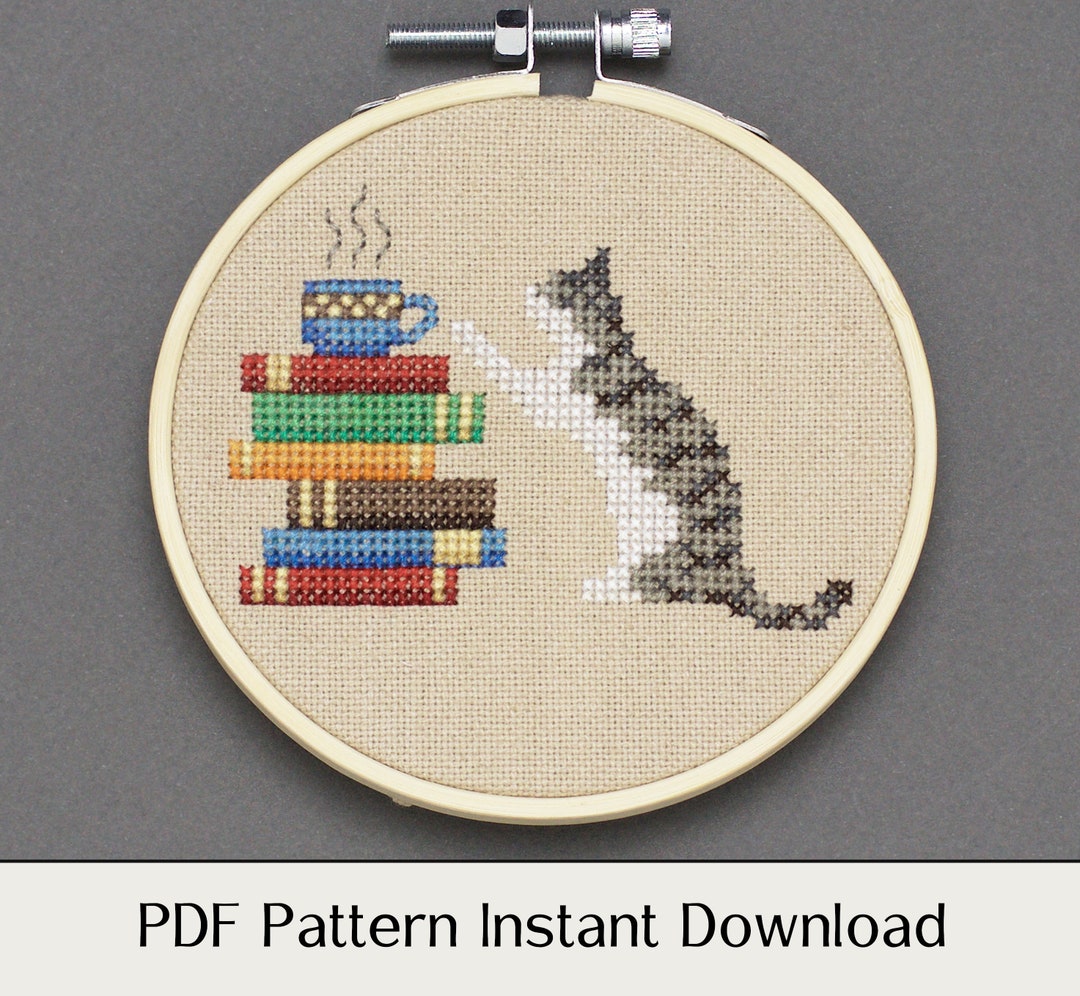 Cross Stitch Pattern - Cat, Books and Coffee - PDF Instant Download ...