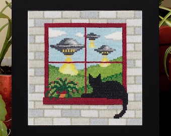 Cross Stitch Pattern - Cat and UFOs - PDF Instant Download