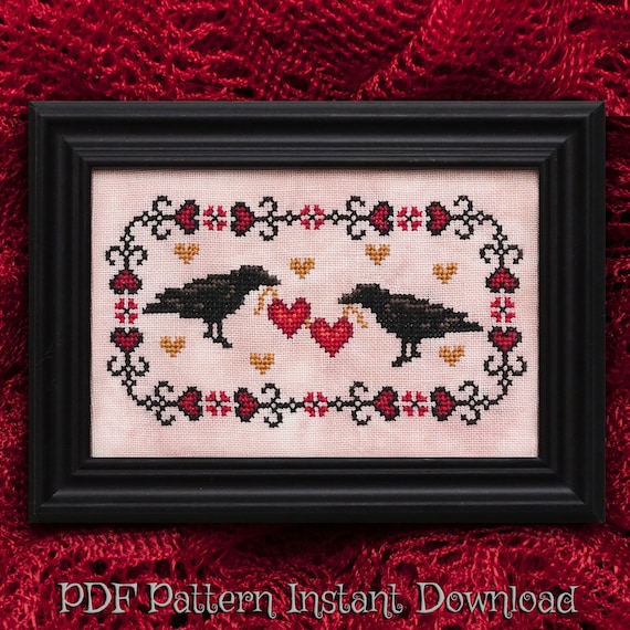 Crow Valentine Cross Stitch Pattern - PDF Instant Download