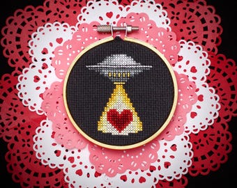 UFO Valentine Cross Stitch Pattern - Heart and UFO - PDF Instant Download