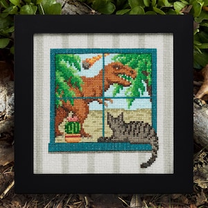 Patrón de punto de cruz - Gato en la ventana y T-Rex - Descarga instantánea en PDF