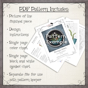 May include: A digital download for a cross stitch pattern of a kraken with the text "Moonlight Kraken Cross Stitch Pattern" and "LolaCrowCrossStitch.com". The pattern includes a picture of the finished piece, design instructions, a single page colour chart, a single page black and white symbol chart, and a separate file for use with pattern keeper.