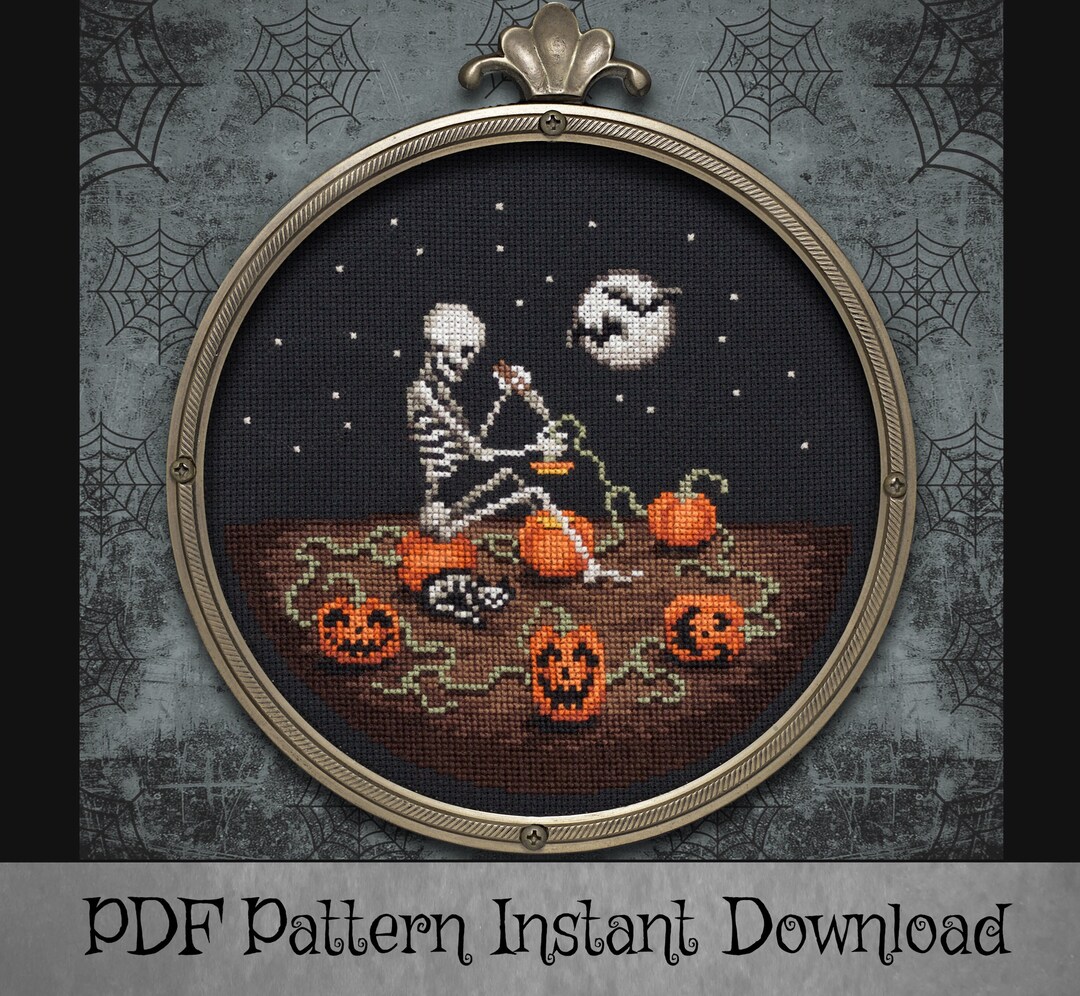 Cross Stitch Pattern - Pumpkin Carving Skeleton - PDF Instant Download ...