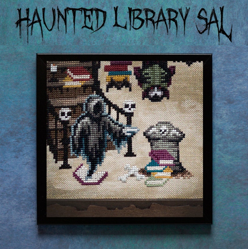 May include: A cross-stitch embroidery framed in black, depicting a spooky scene with a hooded figure, a tombstone, and bats hanging from the ceiling. The title "Haunted Library Sale" is written in a gothic font above the image.