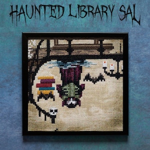 May include: A cross-stitch pattern of a bat hanging upside down from a bookshelf with a stack of books. The bat is green, purple, and black. The bookshelf is brown and has a candle chandelier hanging from it. The background is a light beige.