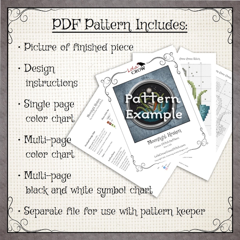 May include: A PDF pattern for a cross stitch project featuring a kraken with a full moon in the background. The pattern includes a picture of the finished piece, design instructions, a single-page color chart, a multi-page color chart, a multi-page black and white symbol chart, and a separate file for use with a pattern keeper.