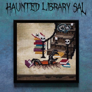May include: Cross-stitch pattern of a spooky library scene with a skeleton holding a book, a spider, and a staircase with a skull at the top. The pattern is framed in black.