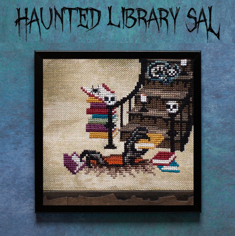 May include: Cross-stitch pattern of a spooky library scene with a skeleton holding a book, a spider, and a staircase with a skull at the top. The pattern is framed in black.
