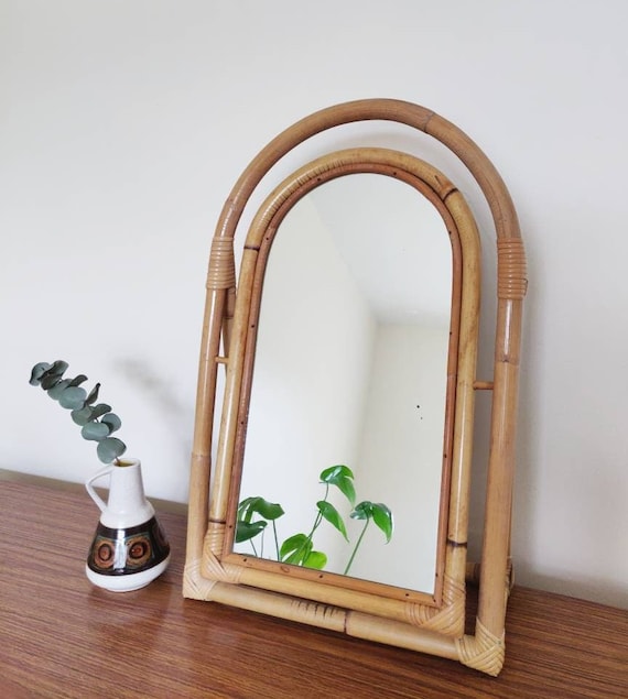 Vintage Rattan Stand Mirror 姿見 鏡 籐家具 Mid Century Bamboo Cane Tilted Mirror, Vintage Rattan Self
