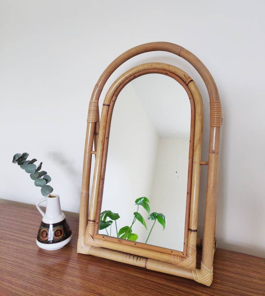 Vintage Rattan Stand Mirror 姿見 鏡 籐家具 Mid Century Bamboo Cane Tilted Mirror, Vintage Rattan Self