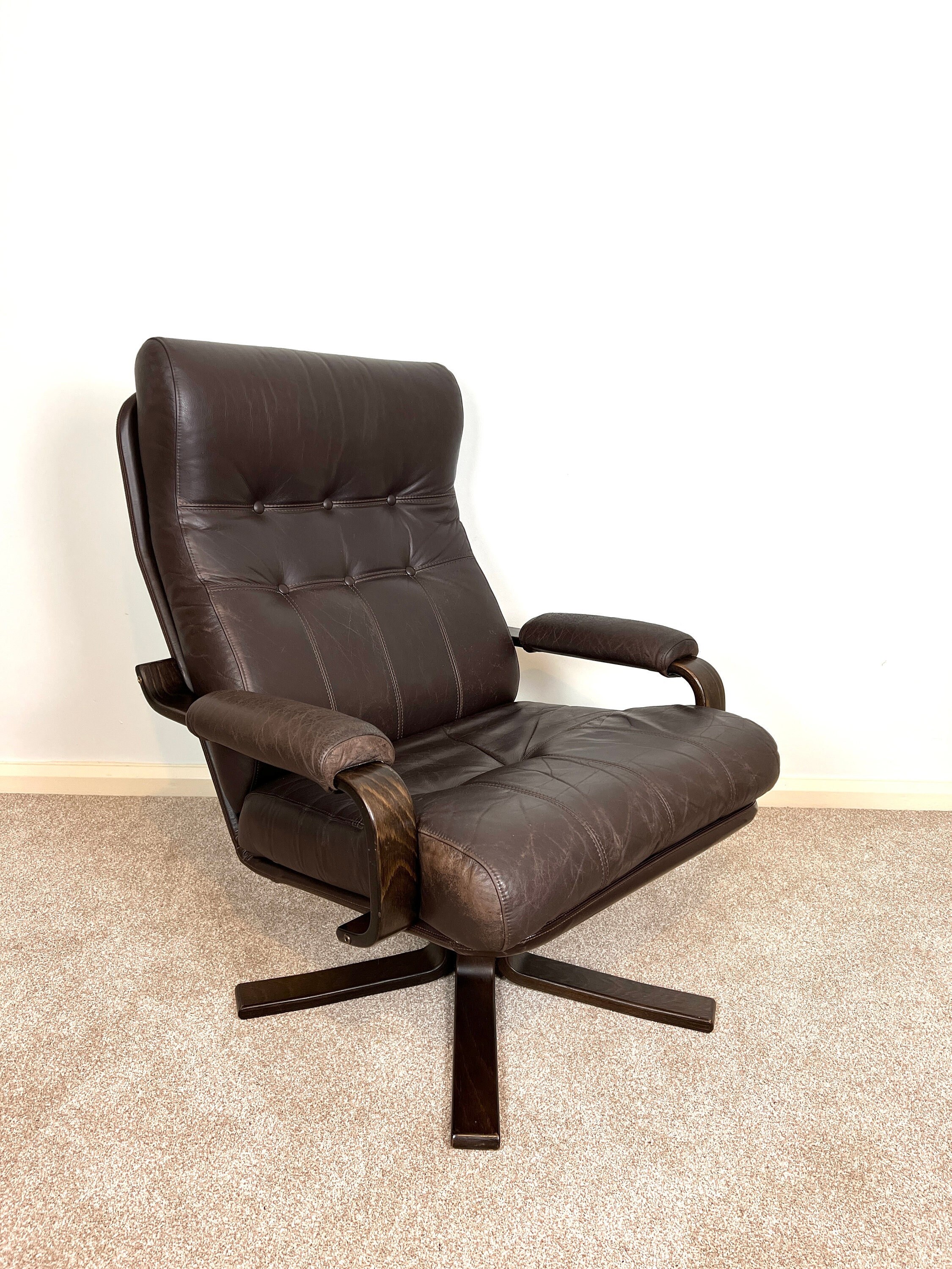 Danish Mid Century Brown Leather Bentwood Armchair Vintage Lounge