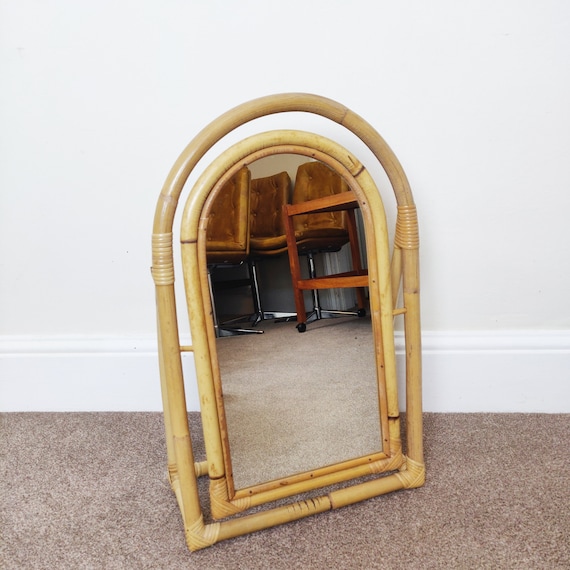 Mid Century Bamboo Cane Tilted Mirror, Vintage Rattan Self