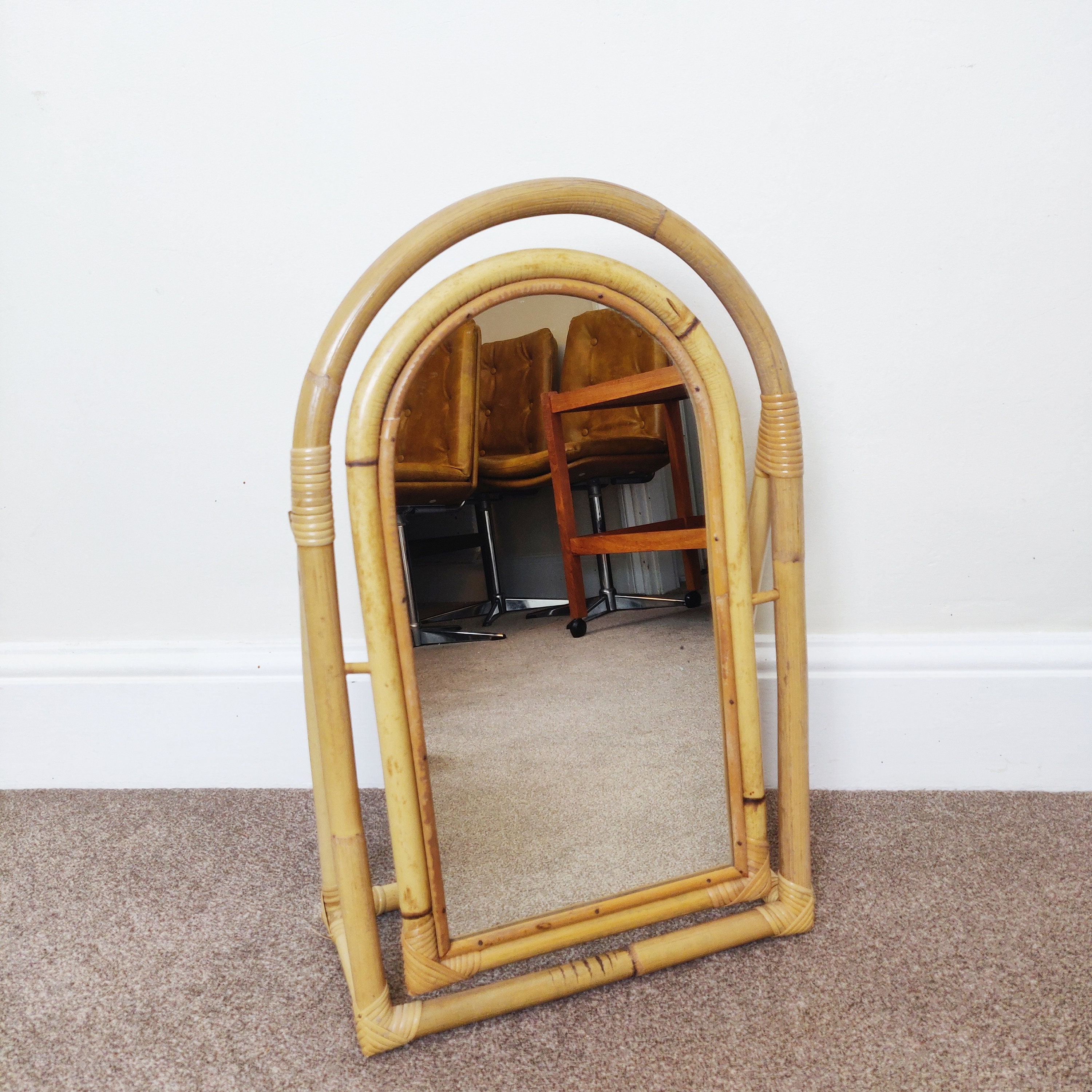 Mid Century Bamboo Cane Tilted Mirror, Vintage Rattan Self