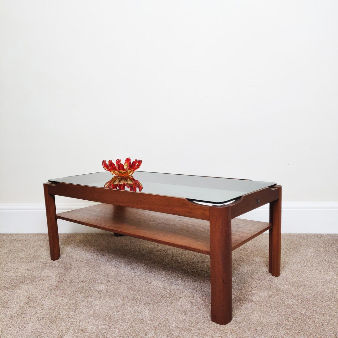 Vintage Myer Teak Coffee Table Smoked Glass Top With Storage Etsy UK