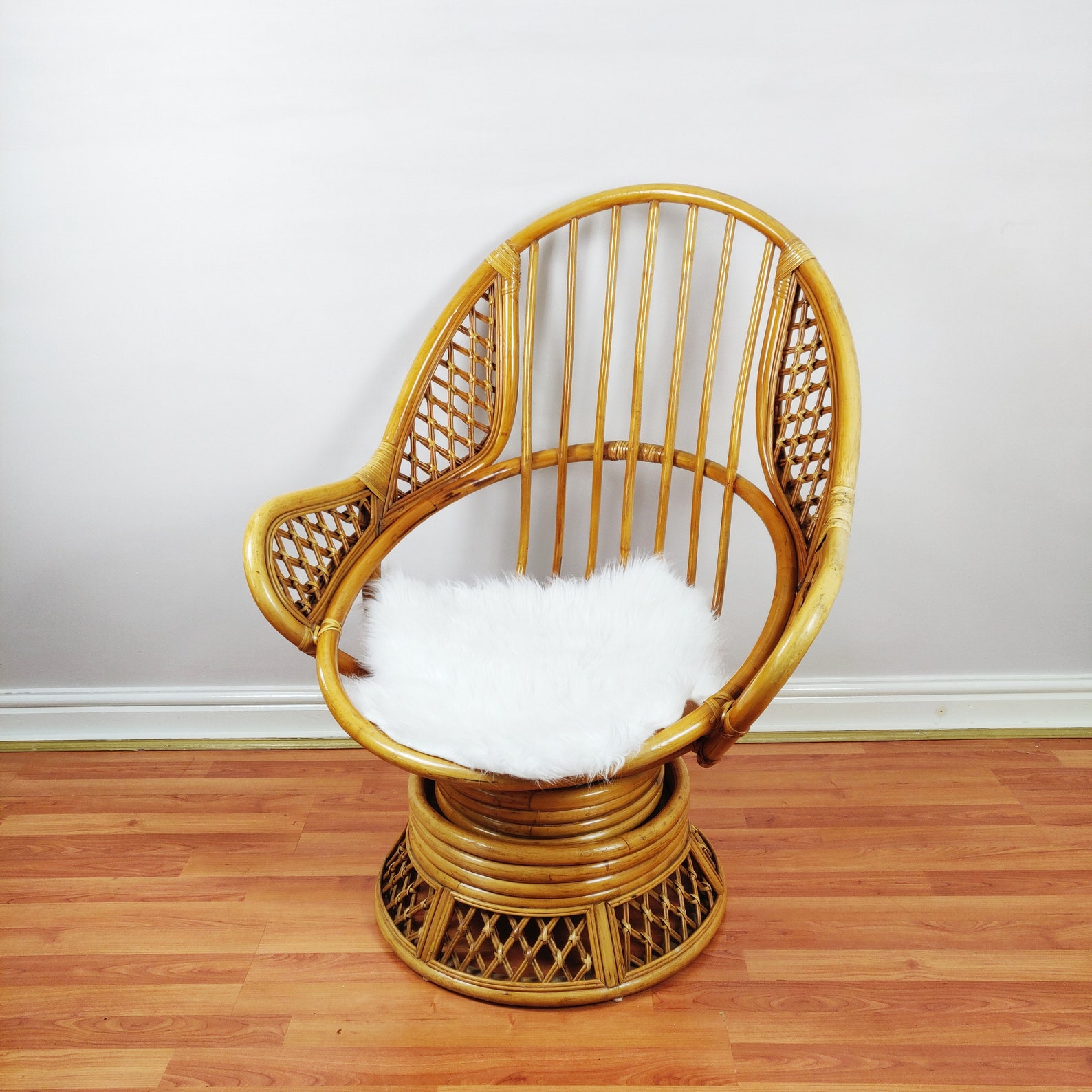 Vintage Bamboo Cane Swivel Egg Chair Mid Century Angraves Etsy