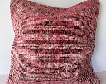 Pink Rug Pillow Cover, 16x16 Vintage Cushion Cover, Carpet Pillow, Boho Decor, Striped Pillow, Antique Pillow, Wool Rug Pillow, Boho Pillows