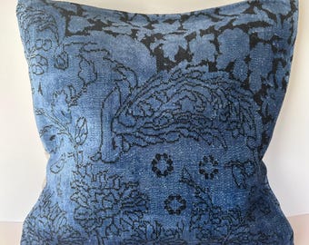 Blue Silk Pillow Case, 16x16 Vintage Cushion Cover, Sofa Pillow, Boho Decor, Carpet Pillow, Striped Pillow, Handmade Pillow Case, Rug Pillow