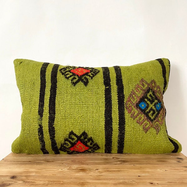 Olive Green Striped Hemp Pillow Cover, 16" x 24" Inches, Vintage Cushions, Couch Pillow, Decorative Pillow, Turkish Pillow, PE-2204