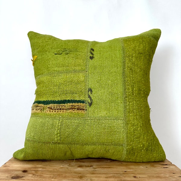 Olive Striped Green Hemp Pillow Cover, 24" x 24" Inches, Vintage Cushions, Couch Pillow, Decorative Pillow, Turkish Pillow, PE-3501