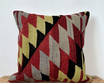 Kilim Pillow, 20" x 20" Inches Throw Pillow, Decorative Pillow, Turkish Pillow, Bohemian Pillow, Couch Pillow, Handmade Pillow, PE-3175