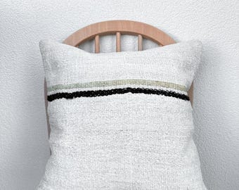 White Hemp Pillow Cover, 20x20 Vintage Cushion Cover, Vintage Pillow Cover, Boho Pillows, Rug Pillow, Striped Pillow, Natural Pillow Case