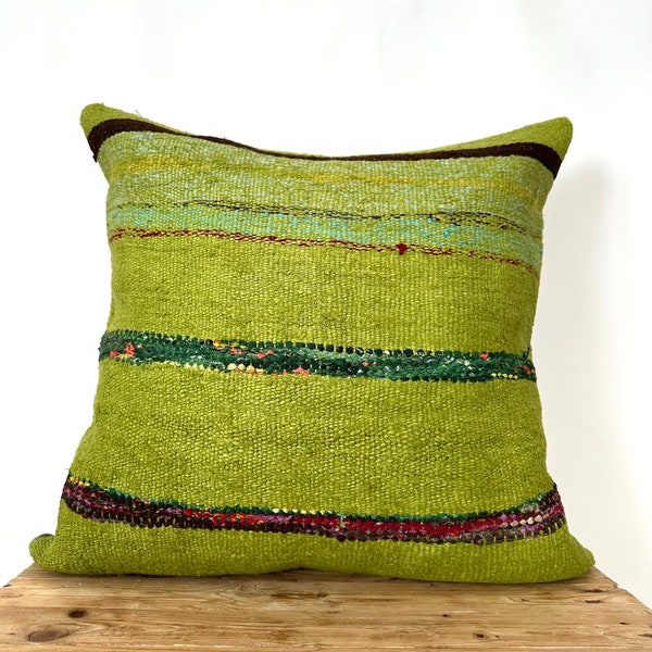 Olive Green Striped Hemp Pillow Cover, 24" x 24" Inches, Vintage Cushions, Couch Pillow, Decorative Pillow, Turkish Pillow, PE-3439