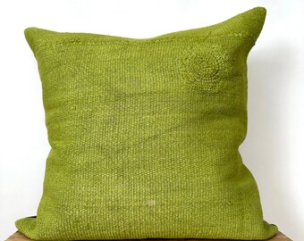Olive Green Hemp Pillow Cover, 24" x 24" Inches, Vintage Cushions, Couch Pillow, Decorative Pillow, Turkish Pillow, Green Cushions, PE-3514