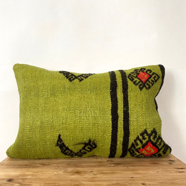 Olive Green Striped Hemp Pillow Cover, 16" x 24" Inches, Vintage Cushions, Couch Pillow, Decorative Pillow, Turkish Pillow, PE-2083