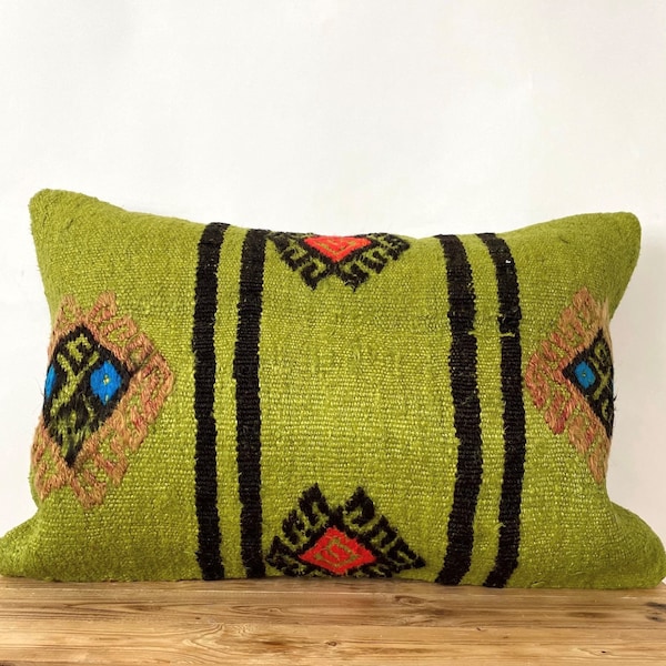 Olive Green Striped Hemp Pillow Cover, 16" x 24" Inches, Vintage Cushions, Couch Pillow, Decorative Pillow, Turkish Pillow, PE-2216