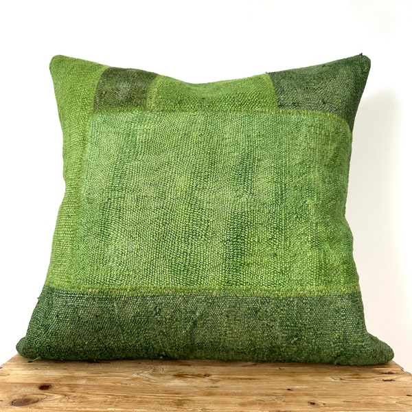 Patchwork Green Hemp Pillow Cover, 20" x 20" Inches, Vintage Cushions, Couch Pillow, Decorative Pillow, Turkish Pillow, PE-3507