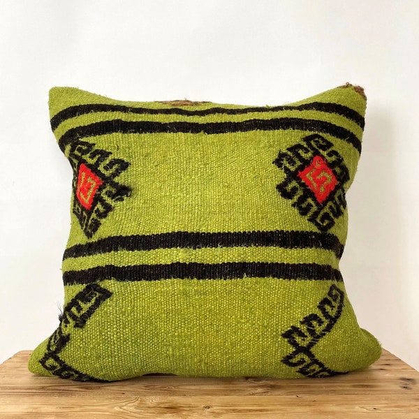 Olive Green Striped Hemp Pillow Cover, 20" x 20" Inches, Vintage Cushions, Couch Pillow, Decorative Pillow, Turkish Pillow, PE-2215