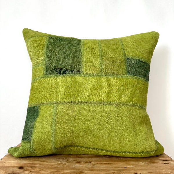 Olive Patchwork Green Hemp Pillow Cover, 20" x 20" Inches, Vintage Cushions, Couch Pillow, Decorative Pillow, Turkish Pillow, PE-3491
